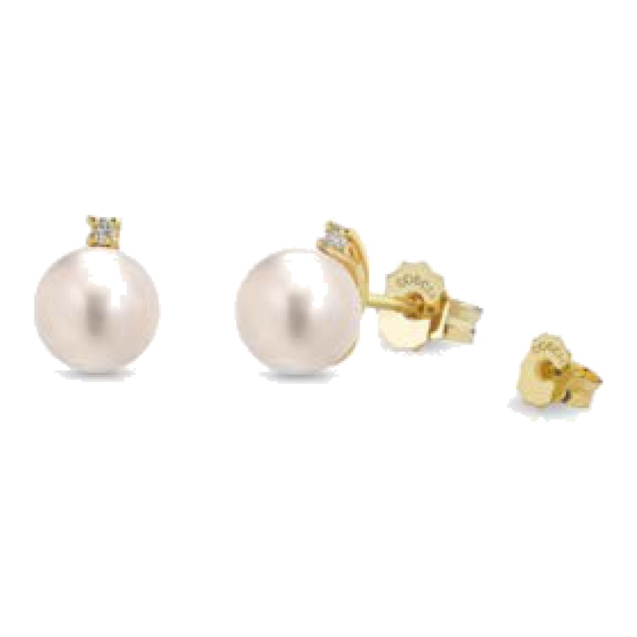 Orecchini a pressione con oro giallo 18Kt e diamanti con perle Akoya, qualità AA+ — perle Akoya COSCIA