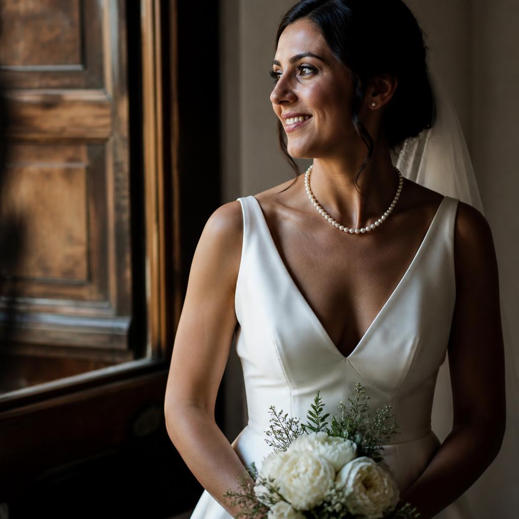 Sposa italiana con collana di perle Akoya — la tradizione COSCIA