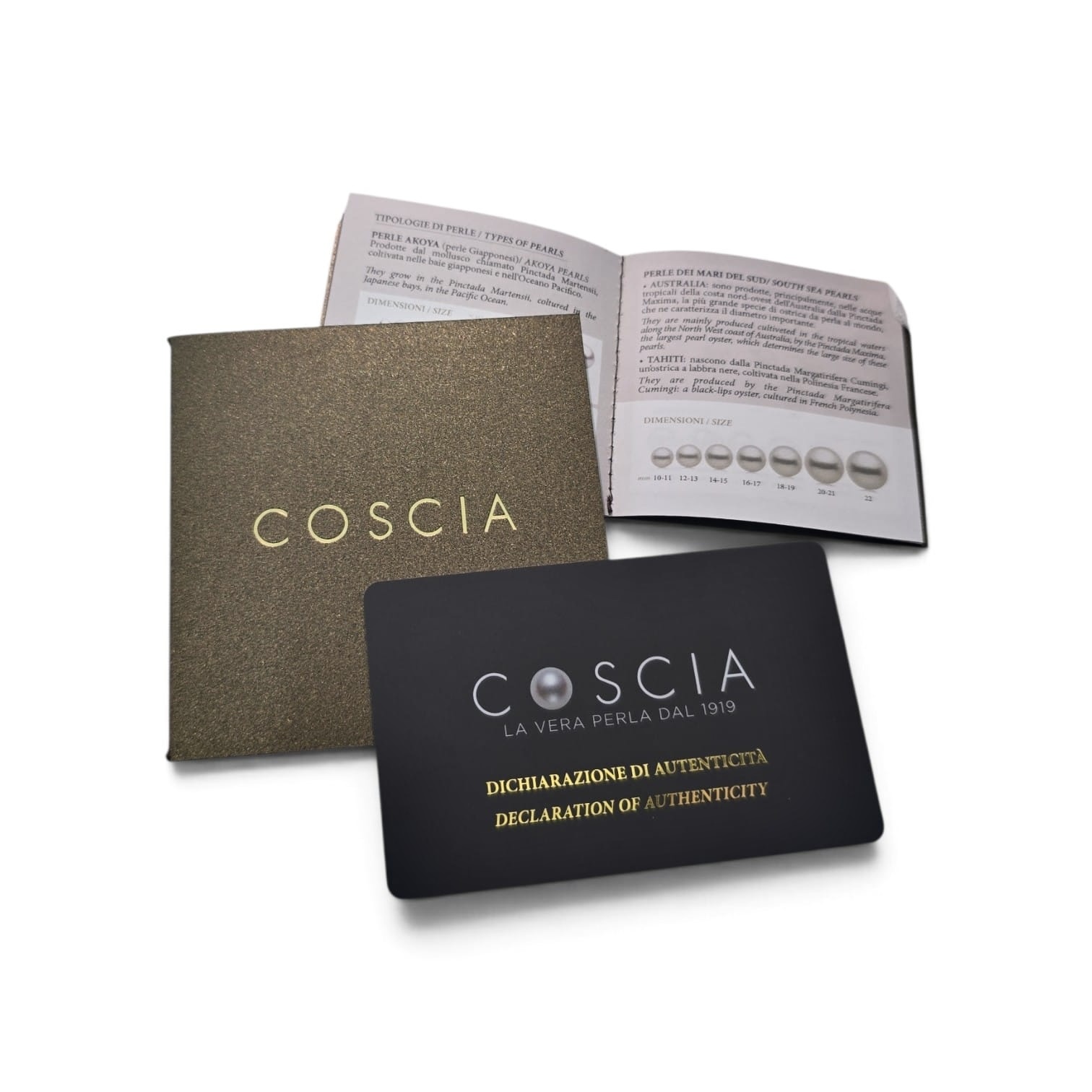 Dichiarazione di autenticità COSCIA e libretto tipologie di perle