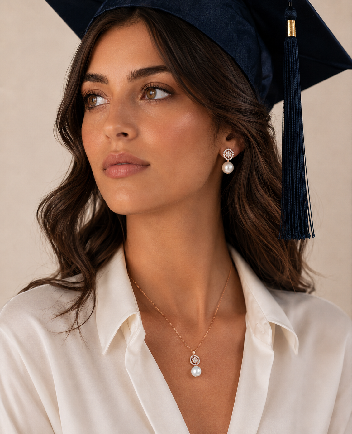 Giovane donna il giorno della laurea con orecchini e pendente in perle COSCIA