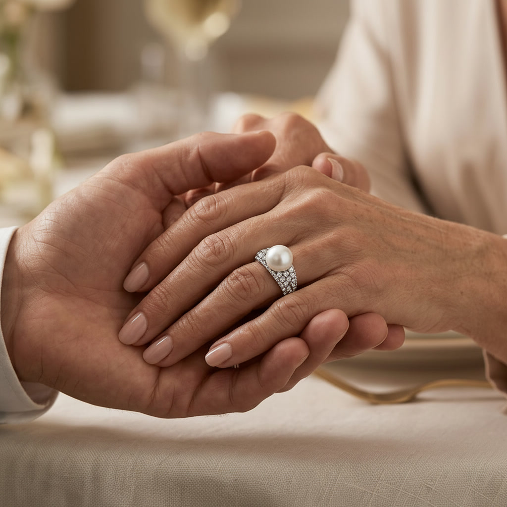 Coppia con anello in perla e diamanti — Nozze di Perla COSCIA