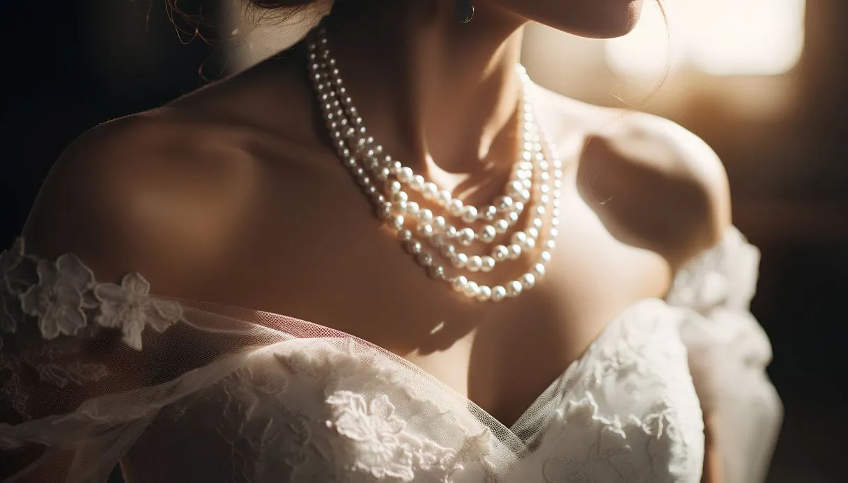 Sposa con collana di perle COSCIA — la tradizione italiana del filo di perle nuziale
